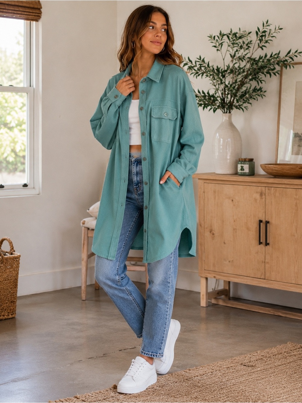 Oli & Hali Teal Long Button-Up Shacket